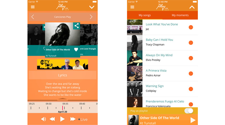 Capturas de la aplicación móvil de Play FM