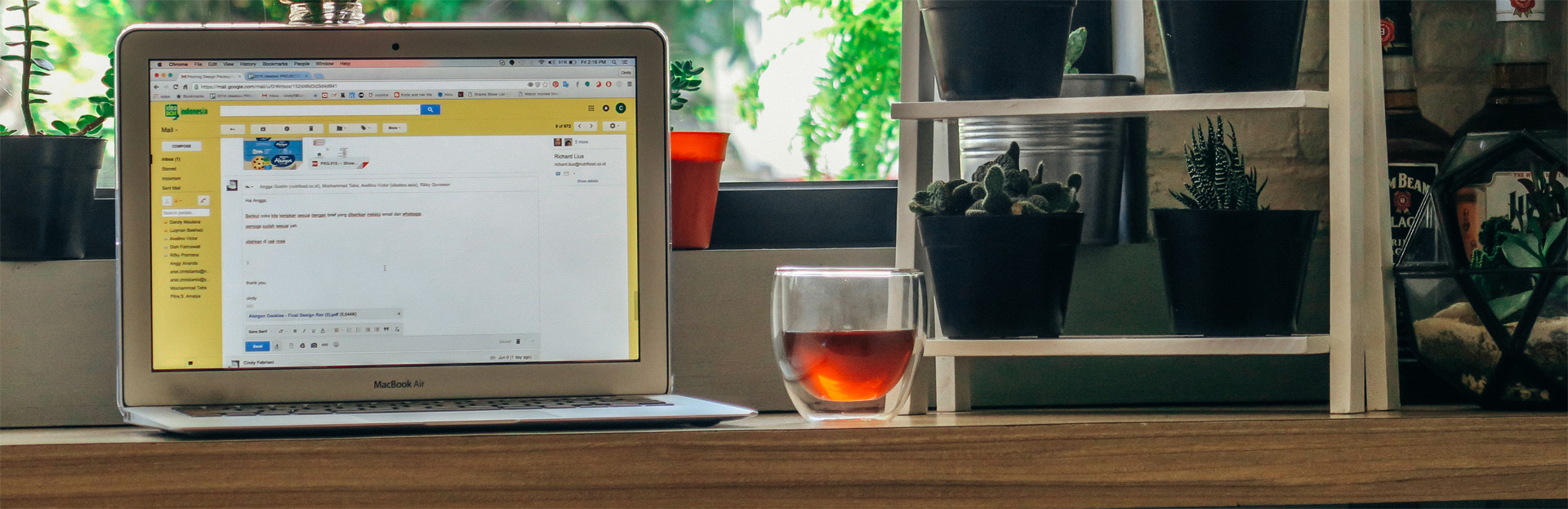 Laptop sobre una mesa con una tasa de té a un costado y plantas al fondo.